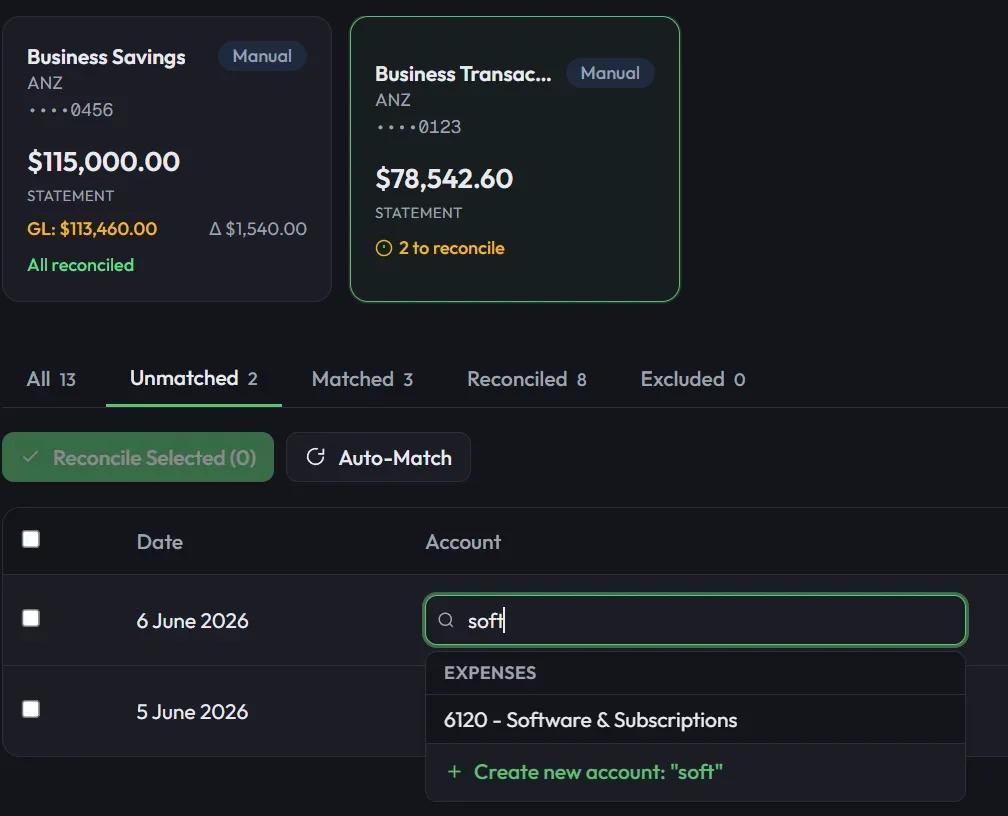 Bank account cards and the AI account-suggestion dropdown during reconciliation