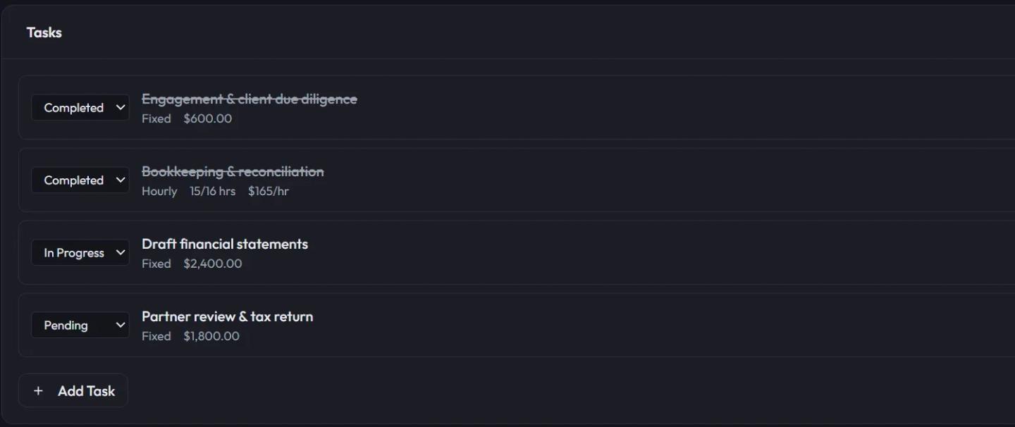 Job task list with statuses and fixed or hourly billing amounts
